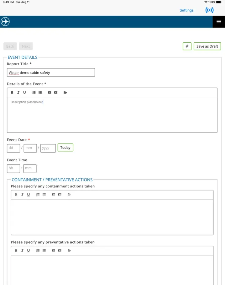 The legacy event-details page on a tablet: report title, a rich-text description, empty date and time fields beside a Today button, and two further free-text sections for containment and preventative actions