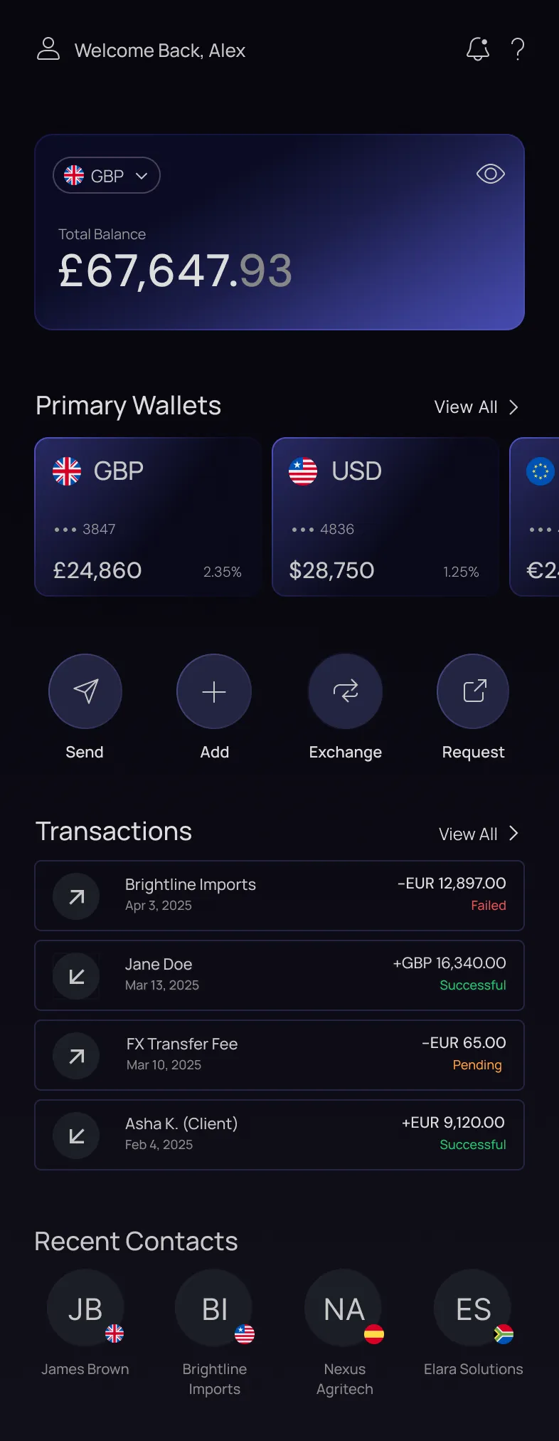 Mobile payments dashboard, upper half: total balance, currency wallets, four quick actions, and a transaction list with a status on every row