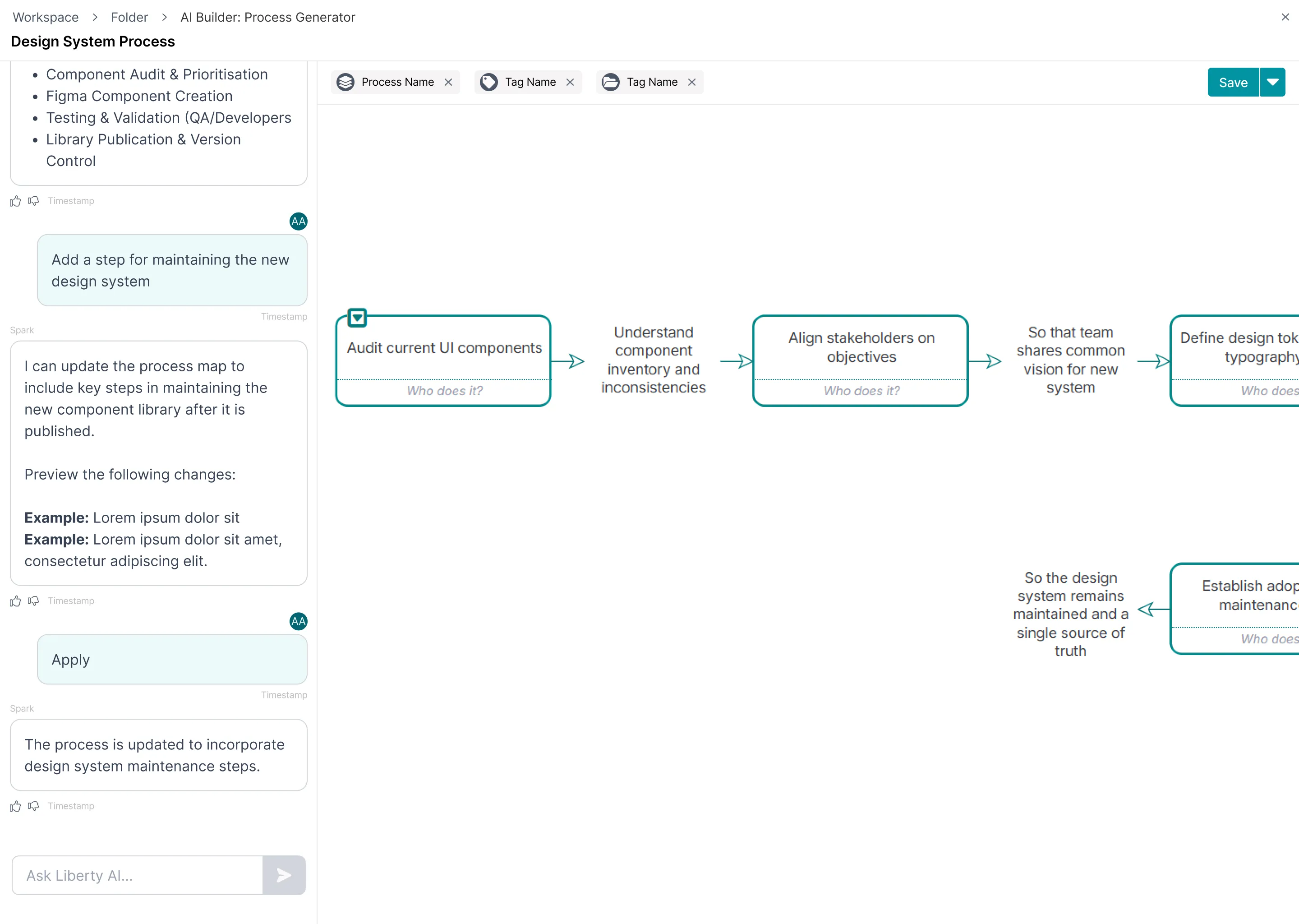 The thread showing a request to add a maintenance step, the assistant answering with a Preview the following changes list, and Apply sent as a separate message underneath
