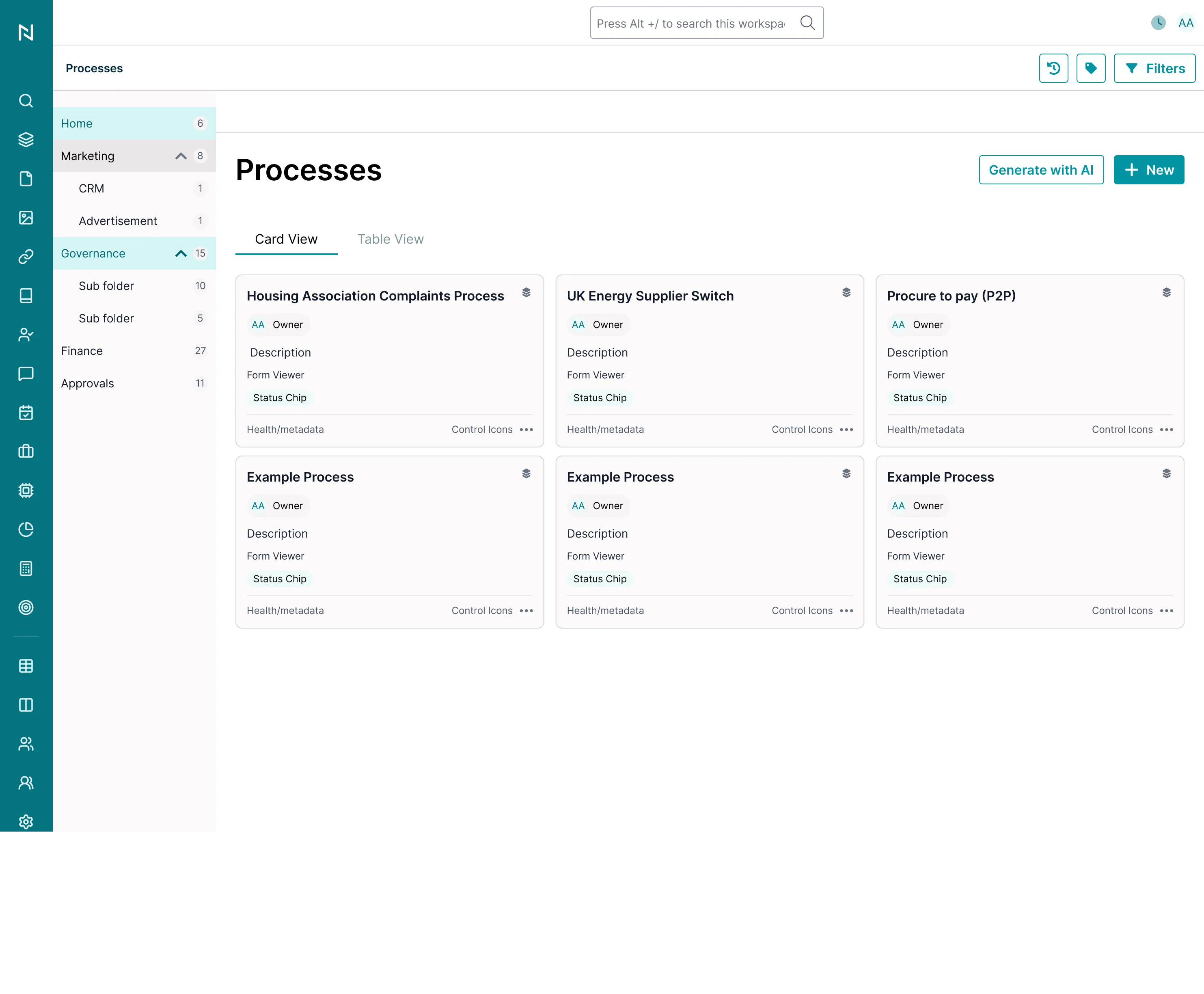 Liberty AI workspace showing the Processes list in card view, a folder tree down the left with counts, and Generate with AI sitting beside the New button